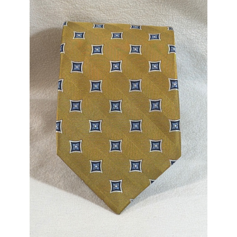Jos. A. Bank Mens Silk Necktie Gold Blue Geometric Square Pattern Handsewn